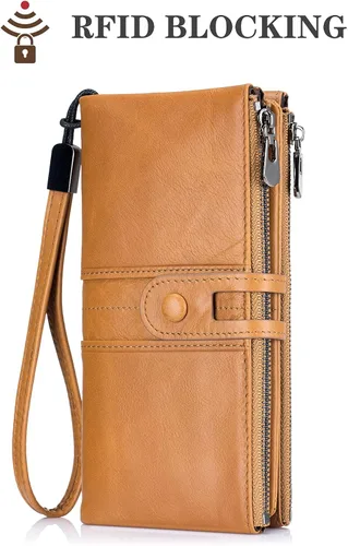 Miniatura 2 de Roulens Cartera para mujer de gran capacidad de cuero genuino plegable con bloqueo RFID tarjetero con bolsillo con cremallera