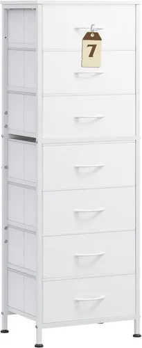 WLIVE - Cómoda alta blanca para dormitorio, 7 cajones y cómodas, cómoda de tela para armario, sala de estar, mesita de noche con marco de metal,