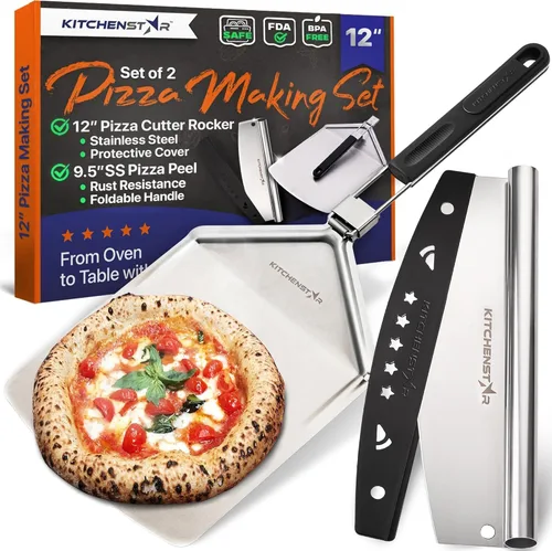 Kit de fabricación de pizza de 12 pulgadas (juego de 2) – Cortador de pizza tipo balancín de 12 pulgadas con cubierta de hoja + Pala para pizza de