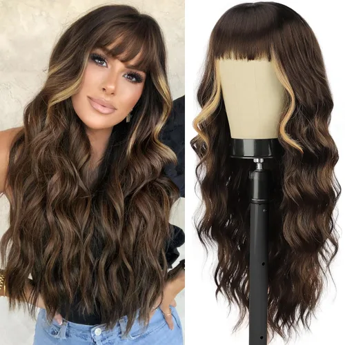 ORSUNCER - Pelucas largas y onduladas con flequillo para mujer, peluca ombré, cabello sintético ondulado, para mujeres de piel oscura y blanca, para