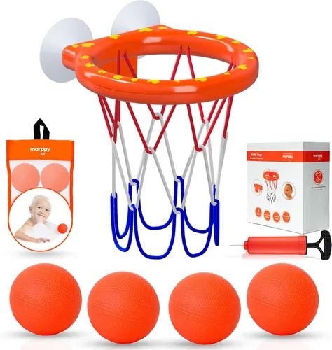 Juguetes de baño – Aro de baloncesto para bañera para niños pequeños, niños y niñas | 4 bolas sin agujero y ventosas fuertes | Divertido juguete de