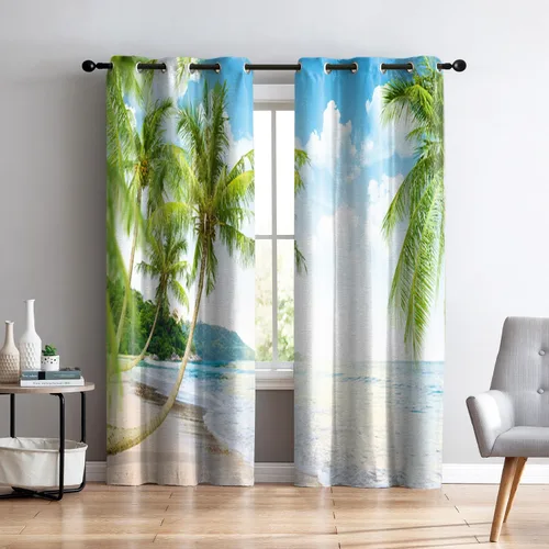 Miniatura 21 de Renaiss Cortinas opacas con diseño de mar tropical, nublado, cielo azul y verde azulado, estrella de mar transparente en playa arenosa, sala