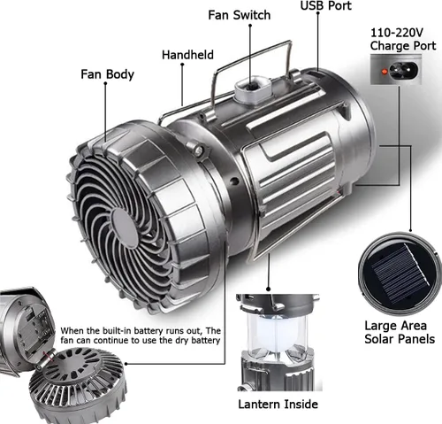 Miniatura 3 de SupBri Linterna solar para campamento con ventilador, ventiladores de campamento recargables que cargan para teléfono, luz a pilas para huracanes