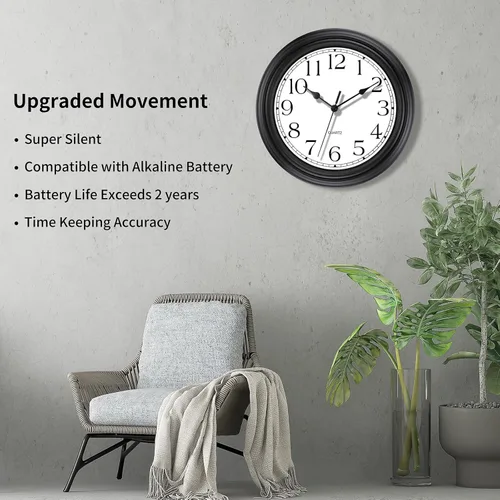 Miniatura 3 de Foxtop - Reloj de pared redondo clásico silencioso y sin tictac, retro, de cuarzo, decorativo, funciona con pilas, para sala de estar, cocina, Negro