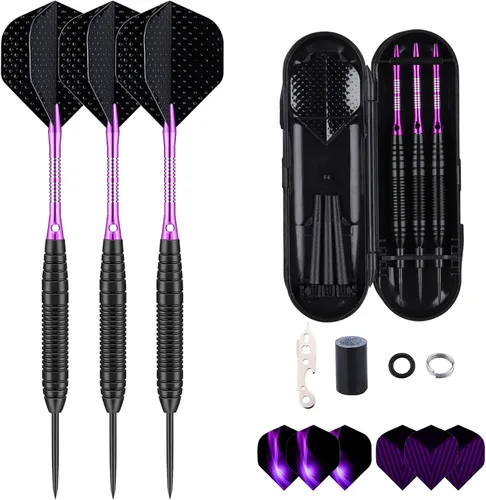 Darts Metal Tip Set - 3 Pack Professional 22 Grams Steel Tip Darts with Slim Case Black Purple Blue Aluminum Shafts 9 Flights 50 Rubber O'Rings 1