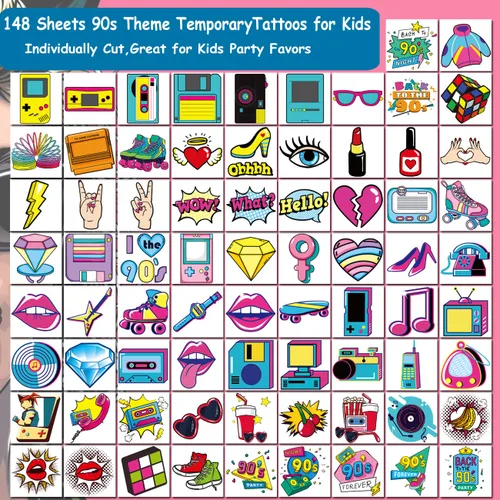 Miniatura 2 de CHARLENT 148 tatuajes temporales temáticos de los años 90 y 80 para niños, tatuajes individuales retro para niños y niñas, regalos de fiesta