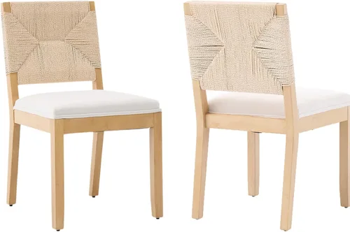 Juego de 2 sillas de comedor de campo francés, sillas de comedor de madera de granja beige, silla de comedor con respaldo tejido con cojín tapizado