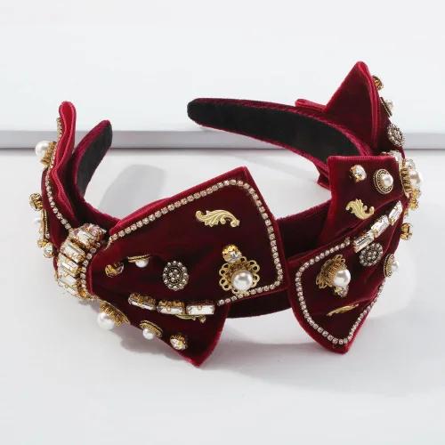 Miniatura 2 de YARN & INK Cintas para el cabello de mujer con perlas barrocas de terciopelo y lazo de strass, estilo retro vintage hecho a mano, elegante accesorio