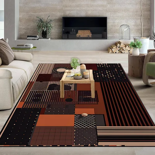 Miniatura 3 de Alfombra geométrica abstracta negra/marrón/naranja de 6x8 pies - Alfombra lavable multicolor moderna retro, alfombra antideslizante