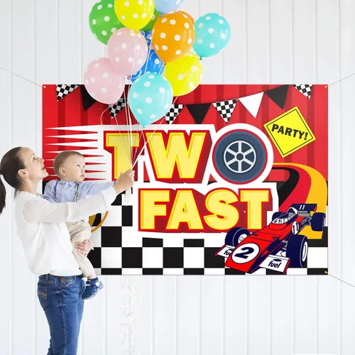 Miniatura 6 de Fondo de pancarta de fondo de dos rápidos, decoración de cumpleaños de coche de segunda carrera, suministros de fiesta para niños, 3.9 x 5.9 pies