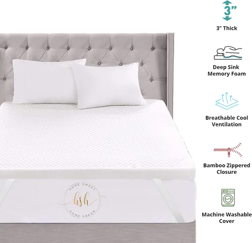 Miniatura 6 de Home Sweet Home - Cubrecolchón de espuma viscoelástica de 3 pulgadas con revestimiento acolchado de bambú hipoalergénico extraíble para un fácil