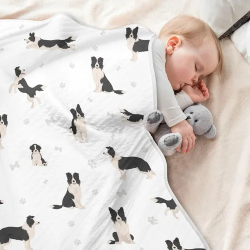 Miniatura 5 de Ollabaky Manta de algodón con diseño de perro Border Collie para niños y niñas, manta de algodón para cuna, cochecito o guardería, manta