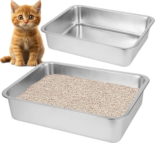 Miniatura 8 de Caja de arena de acero inoxidable para gatos grandes, acero inoxidable pequeño, caja de arena de metal grande para gatos, fácil de limpiar.