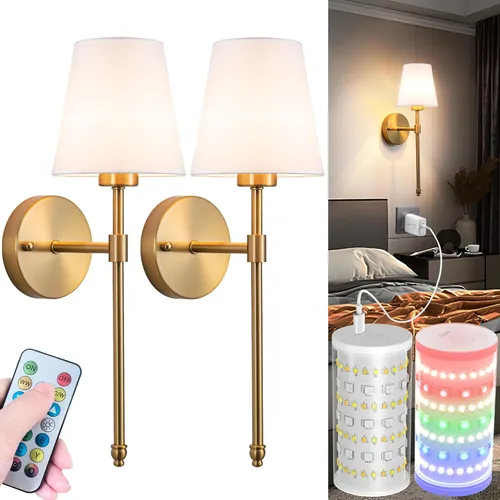 Miniatura 15 de Juego de 2 apliques de pared a pilas, luz de pared inalámbrica con bombilla magnética recargable RGB de 10000 mAh, aplique de pared recargable