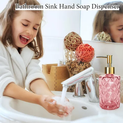 Miniatura 5 de Paquete de 2 dispensadores de jabón de vidrio rosa, 11.2 fl oz/11 oz, dispensador de acondicionador de ducha de baño con bomba dorada, botella