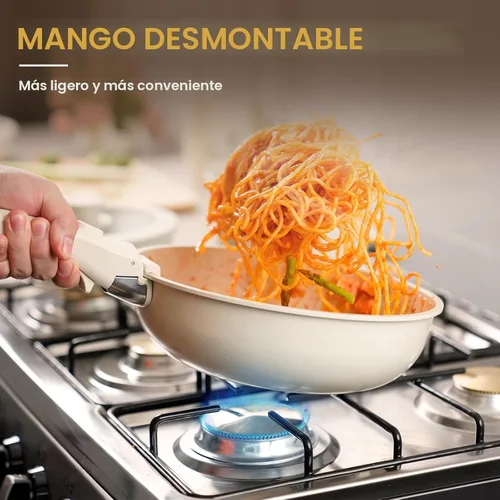 Miniatura 2 de Astercook Juego de 23 ollas y sartenes antiadherentes, juego de utensilios de cocina de cerámica, mango desmontable, juego de cocina de Blanco crema