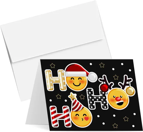 Ho Ho - Tarjetas de felicitación navideñas y sobres, divertidos y lindos emoji, plegables, color negro, para Navidad y Año Nuevo, 4.25 x 5.5