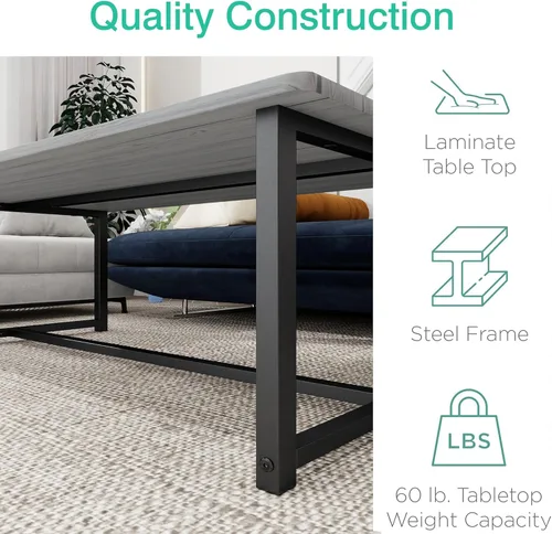 Miniatura 6 de Mesa de centro rectangular de granja para sala de estar, mesa de madera con marco de metal, diseño moderno de mediados de siglo, fácil montaje, mesa