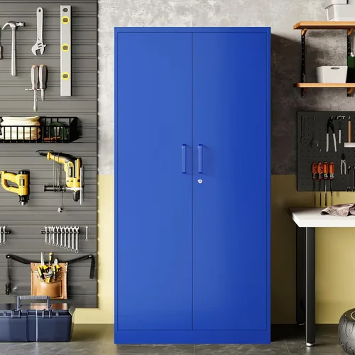 Miniatura 6 de Gabinete de almacenamiento de metal para garaje, gabinete de almacenamiento con bloqueo de 71 pulgadas con 2 puertas y 4 estantes ajustables, Azul