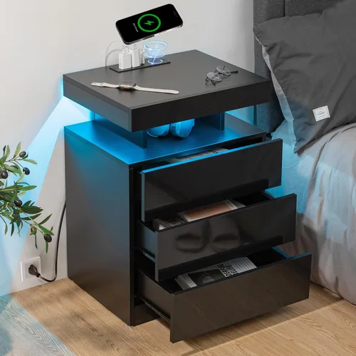 HOMMPA Mesita de noche negra con estación de carga inalámbrica, mesita de noche de alto brillo con 3 cajones, mesa auxiliar con carga USB tipo C,