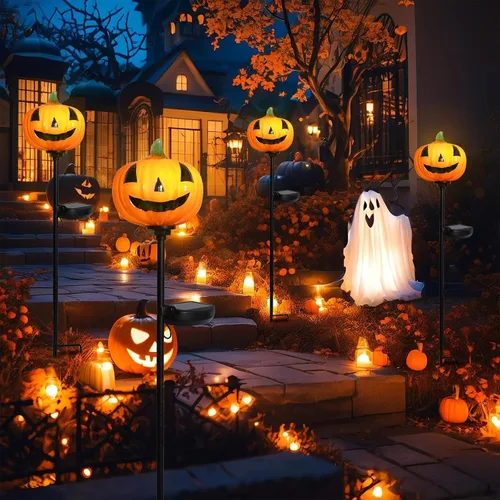 Miniatura 3 de Afirst Luces solares de calabaza de Halloween para caminos de cristal soplado a mano para Halloween, linterna de Halloween, pantalla LED solar