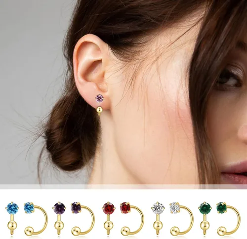 Miniatura 4 de Pequeños aretes de piedra natal natural de 0.118 pulgadas para mujeres, adolescentes y niñas, pequeños aretes de medio aro para cartílago