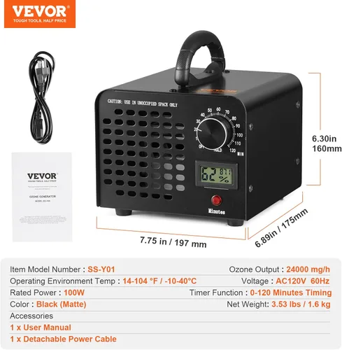 Miniatura 7 de VEVOR - Generador de ozono, máquina de ozono de 24000 mg/h, generador de ozono comercial/industrial de alta capacidad con configuración de tiempo