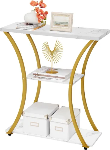 Miniatura 9 de Hoctieon - Mesa de recibidor de 3 niveles con estantes de madera abiertos, mesa decorativa para entrada con marcos curvos de metal, mesa de sofá