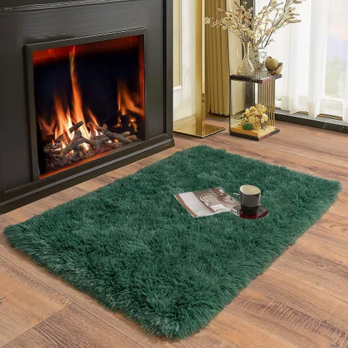 Miniatura 4 de Alfombras suaves para pasillos de dormitorio, nuevas, con parte inferior antideslizante mejorada, de 2 x 3, alfombra esponjosa y peluda verde