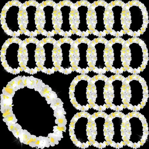 Miniatura 32 de Sherr 24 piezas Collares de leis LED iluminados, collares de flores hawaianas con luces LED para bodas, playa, tropical, carnaval, suministros