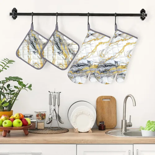 Miniatura 2 de Juego de 4 manoplas de horno y soportes para ollas de mármol de oro blanco, 100% algodón, resistentes al calor, guantes de horno extralargos
