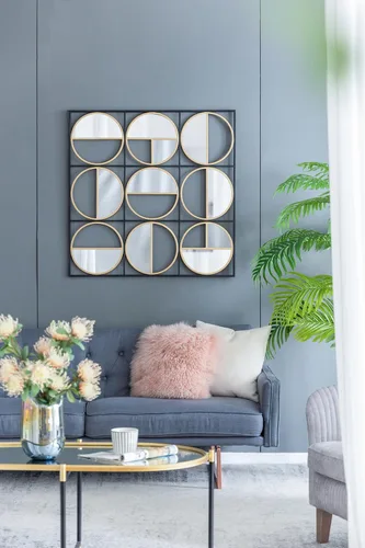 Miniatura 4 de Espejo de pared negro con cuentas de metal ecléctico de 35.6 pulgadas con diseño contemporáneo para dormitorio, sala de reuniones y entrada