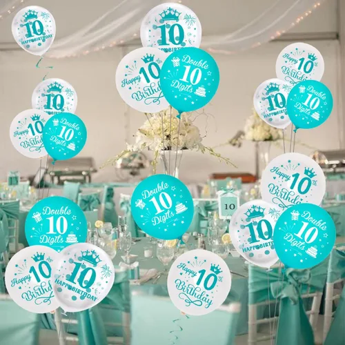 Miniatura 4 de Globos de cumpleaños número 10, paquete de 45 decoraciones de cumpleaños de dos dígitos, color turquesa, juego de globos de látex azul y blanco