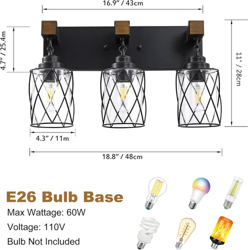 Miniatura 5 de Accesorios de iluminación de baño de granja, lámpara de tocador de baño de 3 luces con pantalla de metal y vidrio, accesorios de iluminación