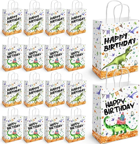 Containlol 16 bolsas de papel para fiesta de cumpleaños de dinosaurio, bolsas de regalo de cumpleaños con asa para niños y niñas, temática de