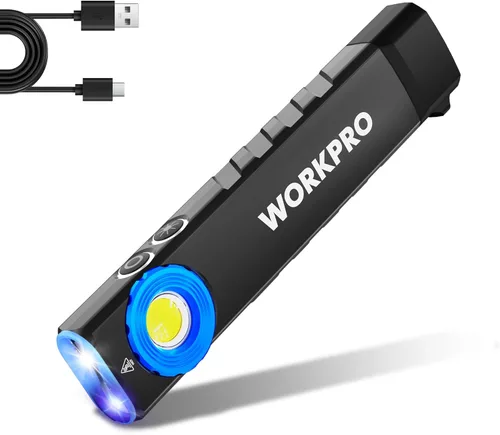 Miniatura 9 de WORKPRO linterna recargable de trabajo, linterna de bolsillo plana de 600 lúmenes con luz UV, base magnética y clip, linterna LED EDC delgada