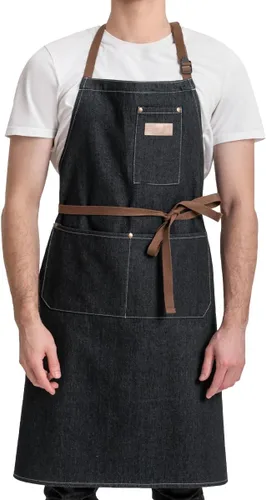 ROTANET Delantal de trabajo de mezclilla con 3 bolsillos, delantales para chef, estilista, cocina, carpintería, para hombres y mujeres, azul y negro