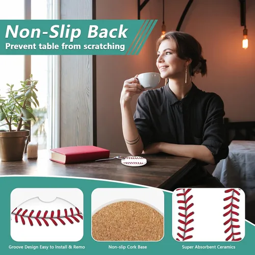 Miniatura 3 de Paquete de 2 posavasos para automóvil, posavasos de cerámica absorbente de béisbol, posavasos para portavasos de automóvil, accesorios