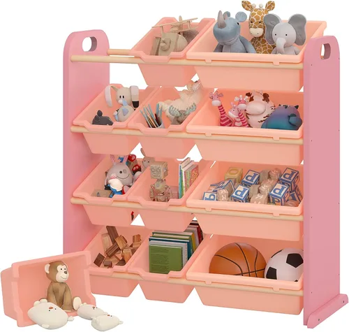 Miniatura 11 de VECELO Estantería para niños con 12 contenedores, estante de madera para juguetes para niños pequeños, almacenamiento de gran capacidad para libros