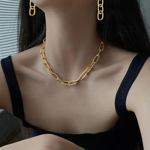 Miniatura 3 de Juego de collares y aretes de cadena de clip para mujeres y niñas, aretes minimalistas y gargantilla punk, joyería costum de moda