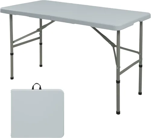Miniatura 10 de Mesa plegable de 4 pies, mesa de camping portátil de plástico resistente, rectangular, mesa de comedor al aire libre, patas de acero plegable por