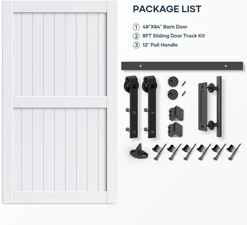 Miniatura 9 de EaseLife - Puerta de granero de 48 x 84 pulgadas en blanco con kit de herrajes deslizantes de 8 pies incluido y manija, madera maciza cubierta