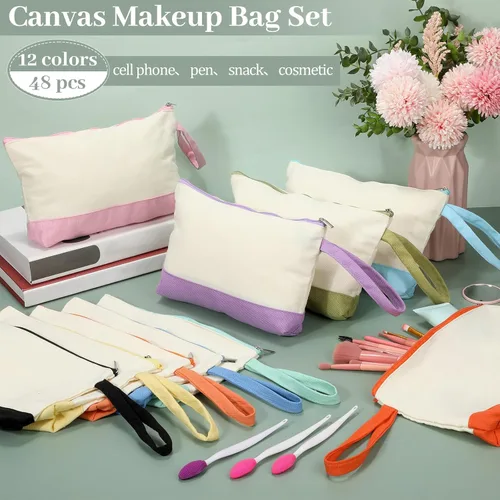 Miniatura 4 de Silkfly Bolsas de maquillaje de lona de algodón con cremallera cosmética de 10.2 x 5.5 x 2 pulgadas, bolsa de bricolaje en blanco a granel