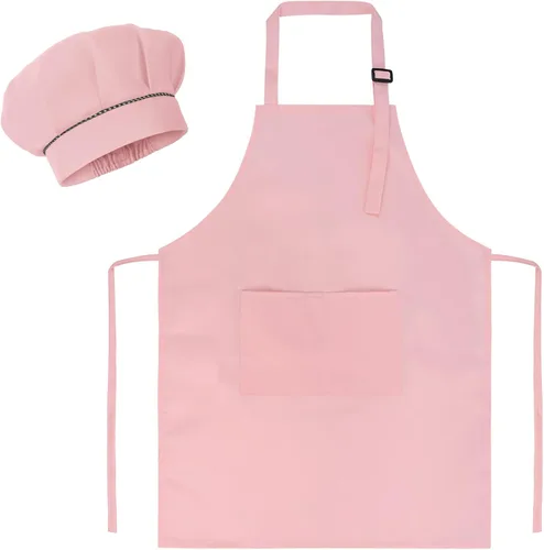Miniatura 11 de SUNLAND Juego de delantal y gorro para niños, delantal de chef para niños para cocinar, hornear y pintar Blanco