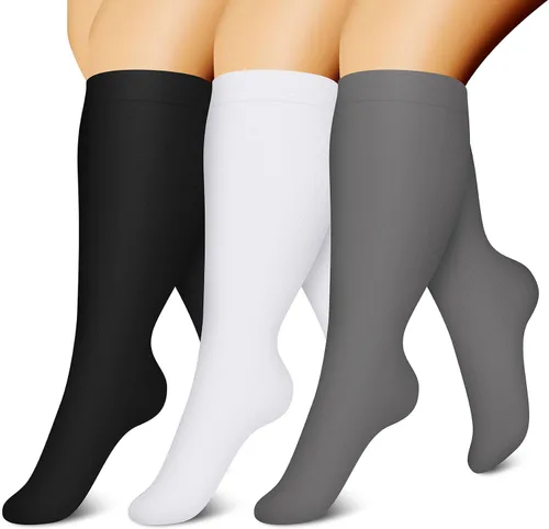 CHARMKING 3 pares de calcetines de compresión de talla grande para mujeres y hombres, pantorrilla extra ancha de 20-30 mmHg, el mejor apoyo para la