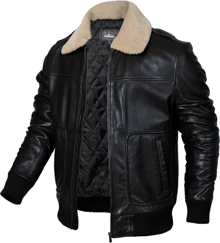 STREGA Chaqueta de cuero para hombre, chaqueta bomber de piel de cordero genuina para hombre, color marrón con cuello Sherpa extraíble, chaqueta de