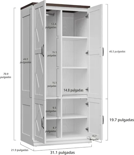 Miniatura 2 de ANCTOR Armario con puertas, armario de madera de 71 pulgadas de alto con 5 estantes de ropa, barra colgante para ropa, armario de almacenamiento