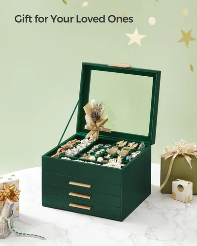 Miniatura 7 de SONGMICS Joyero organizador con tapa de cristal, almacenamiento de joyas de 4 capas, con 3 cajones, estilo moderno, regalo de Navidad, 8 x 9.1 x 6.5