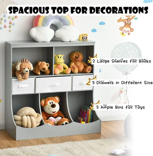 Miniatura 8 de HONEY JOY Organizador de almacenamiento de juguetes para niños con estantería, armario de almacenamiento de organización de 8 compartimentos con Gris