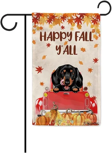 Miniatura 13 de Bandera con texto en inglés «Happy Fall Y'all» con diseño de perro inteligente con calabaza en camión rojo y hojas de arce, pancarta de otoño